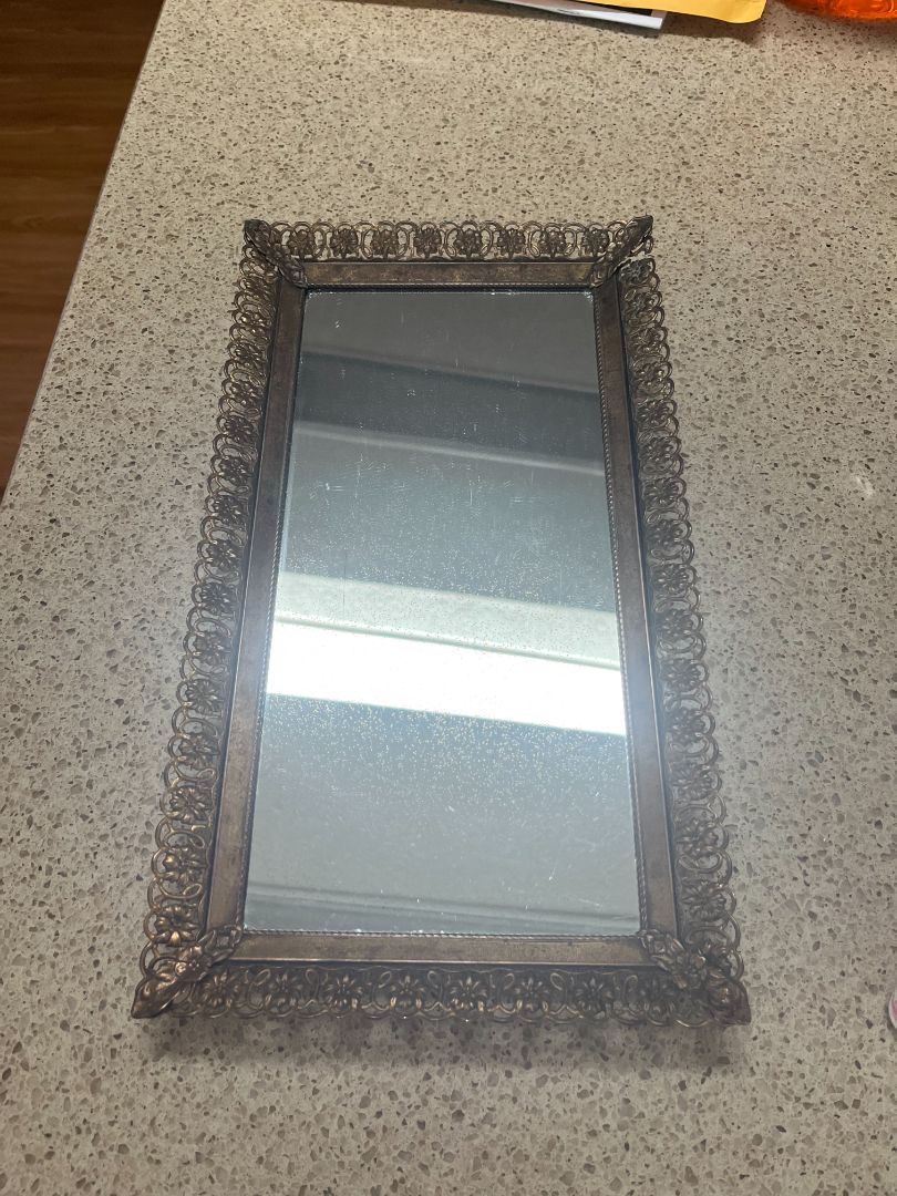 VTG Brass Filigree Rim Mirror Perfume Footed Tray