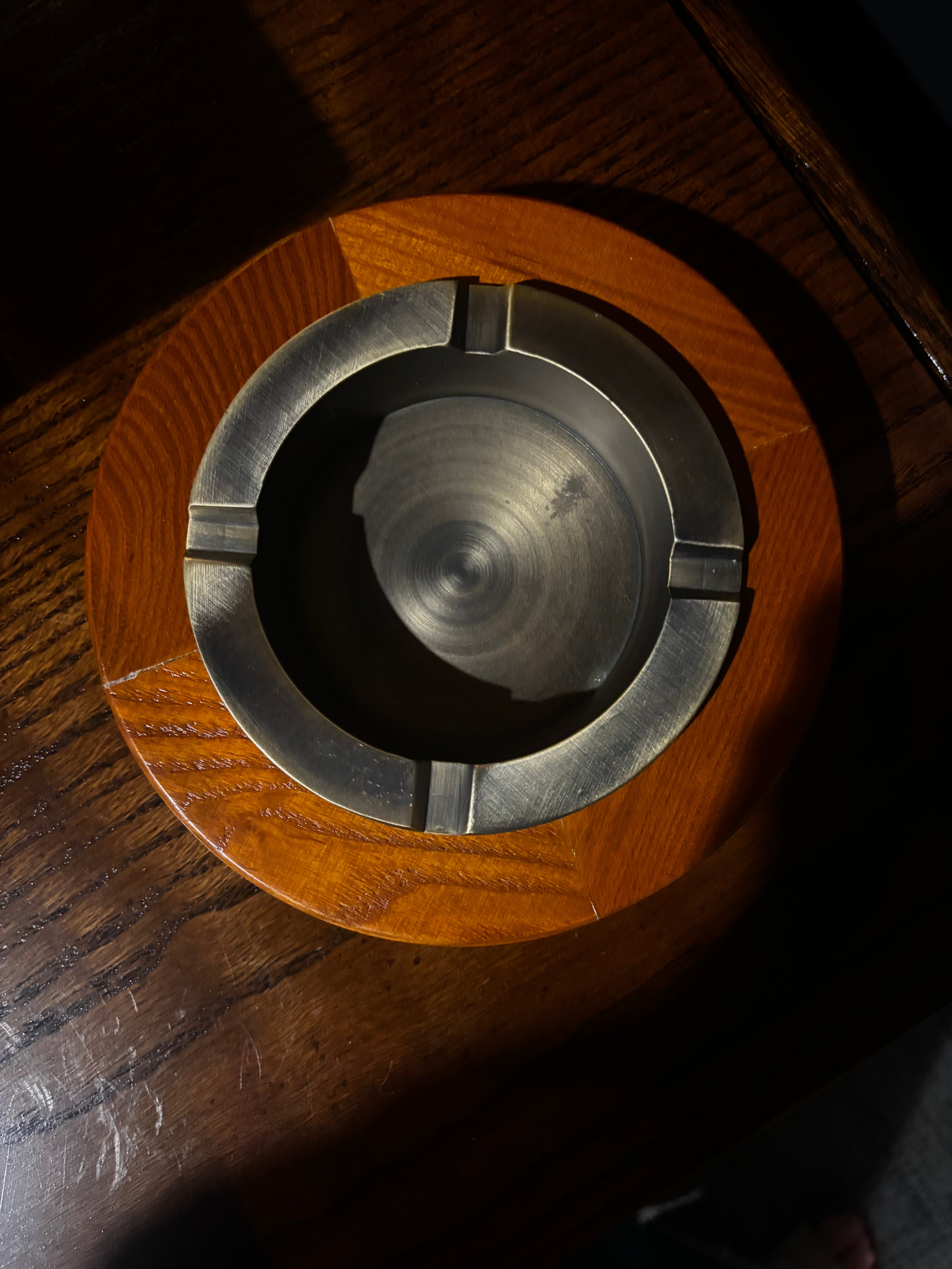 vintage mid-century modern wood and metal ashtray