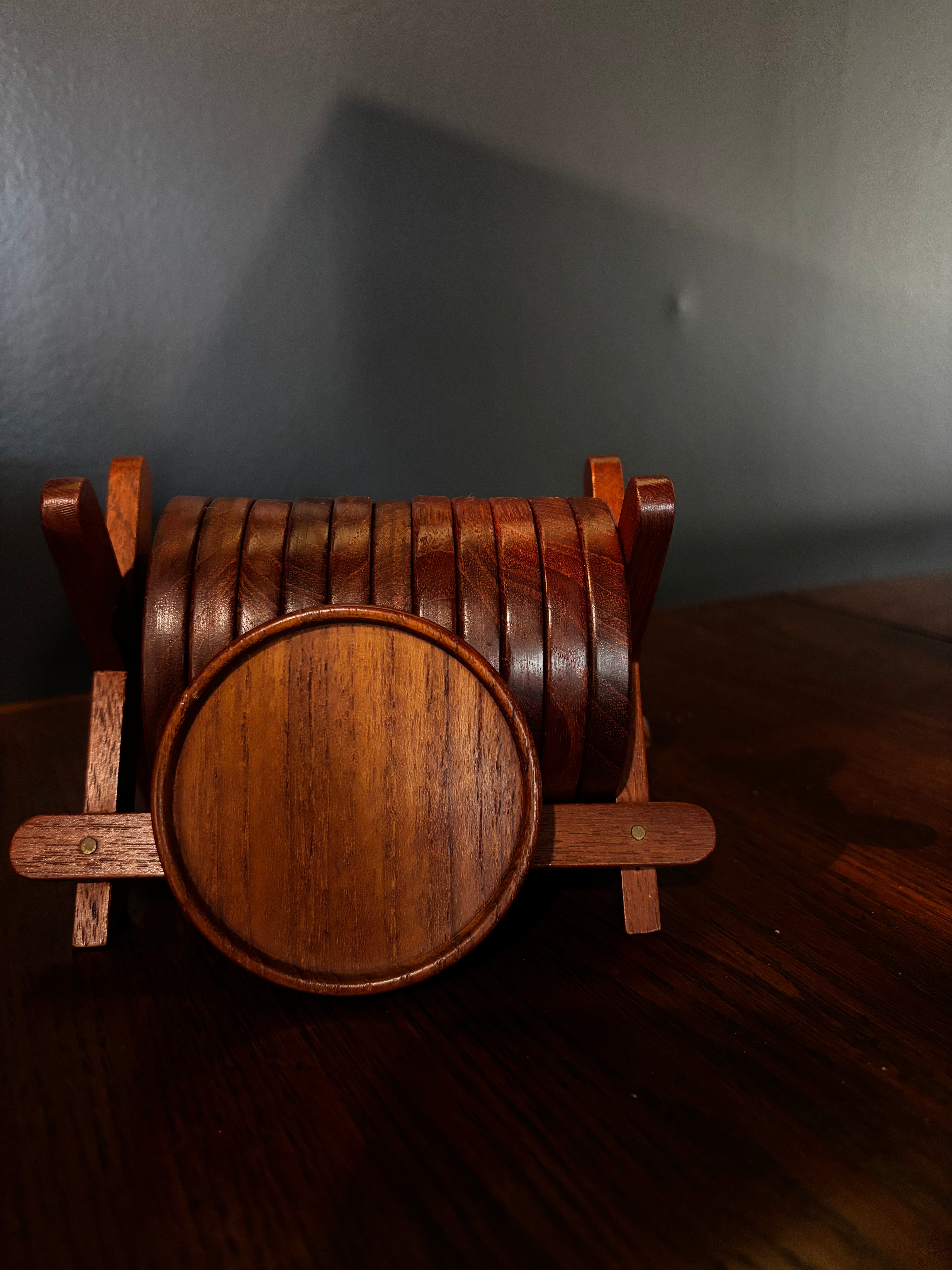 Scandinavian wooden coasters in tray / set of 12