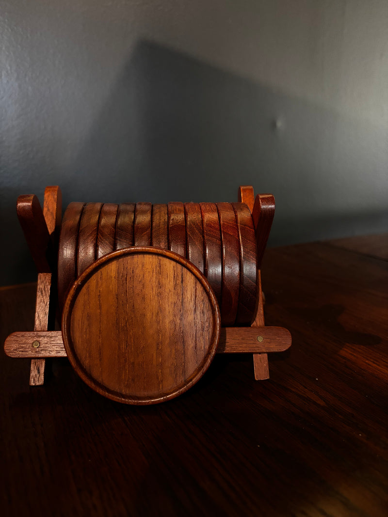 Scandinavian wooden coasters in tray / set of 12 — alternate view