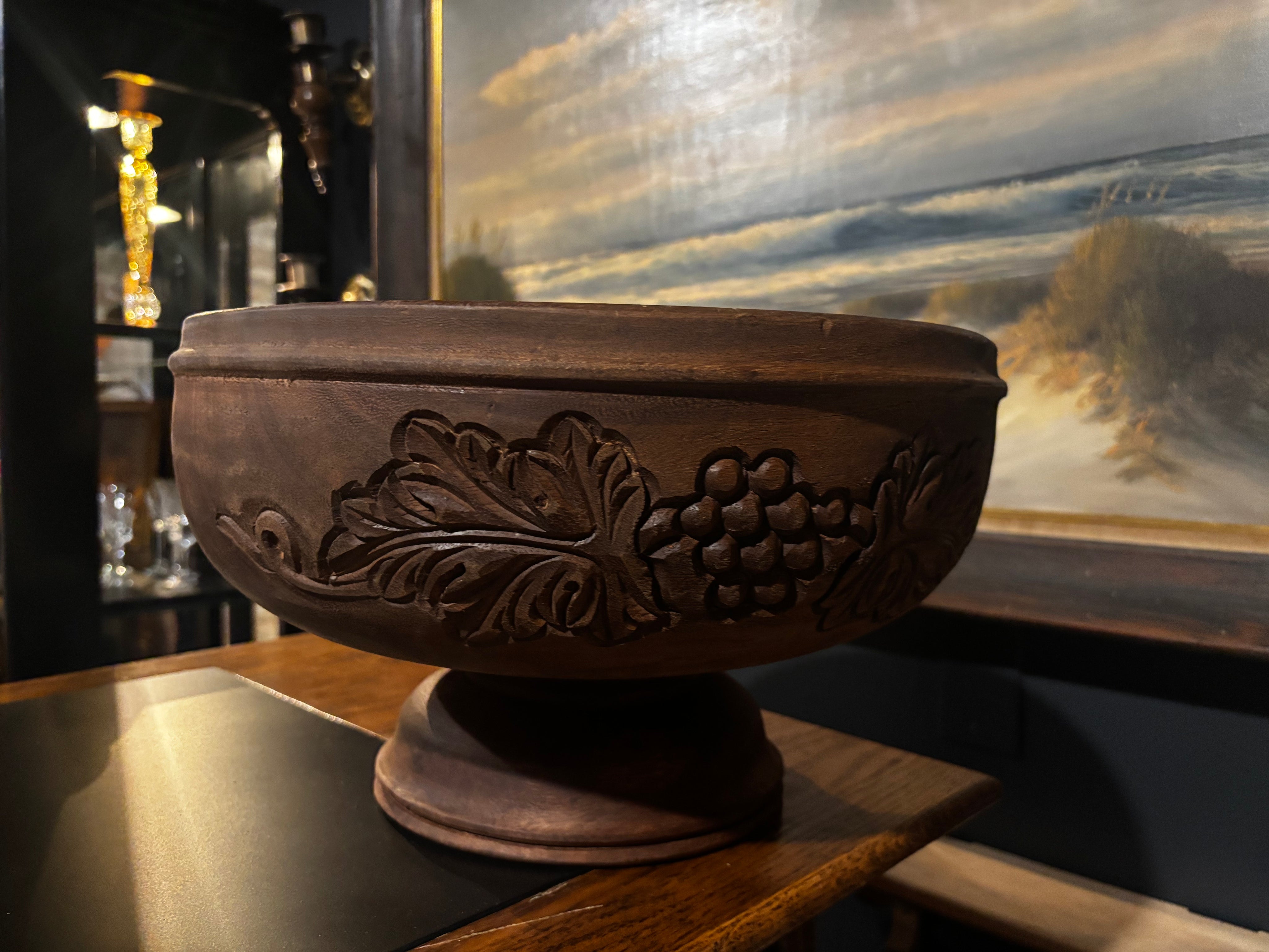 vintage hand carved walnut pedestal bowl